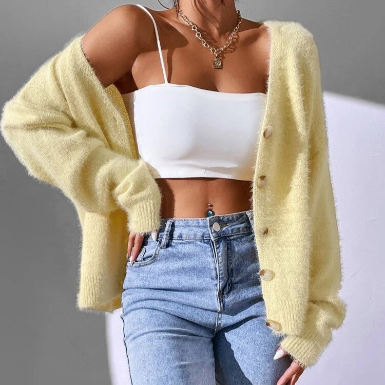 Women's Long Cardigan V-Neck Faux Mink Sweater 4
