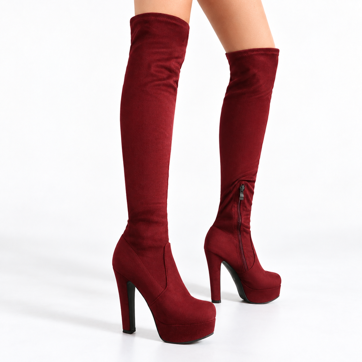 Women's Platform Over-the-Knee Boots Black Stretch Block Heel 1