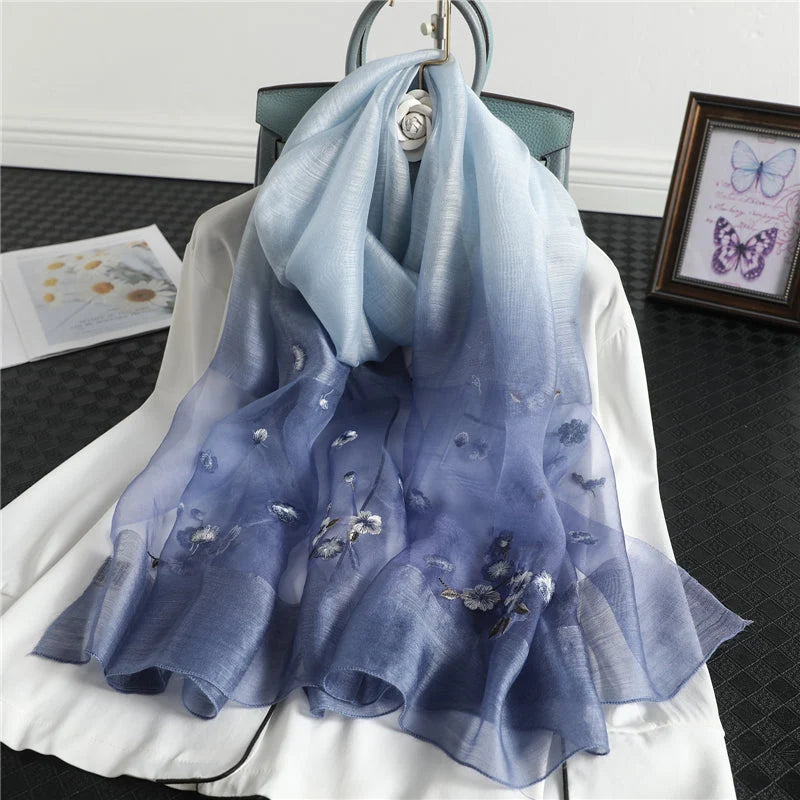 Women's Silk Wool Scarf Floral Embroidered 190x70 cm 2