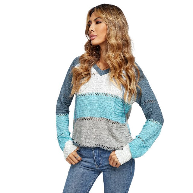 Women’s V-Neck Hooded Knitted Sweater | Casual Long Sleeve Layer 1