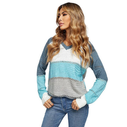 Women’s V-Neck Hooded Knitted Sweater | Casual Long Sleeve Layer 1