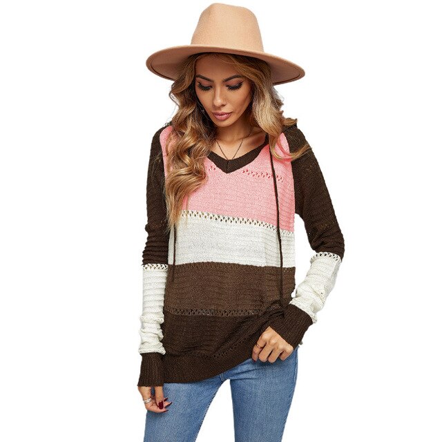 Women’s V-Neck Hooded Knitted Sweater | Casual Long Sleeve Layer 6