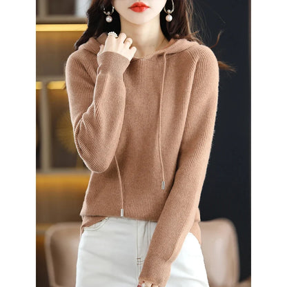 Women’s Wool Knit Hooded Sweater Soft Warm Casual 1