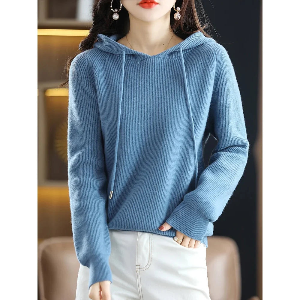 Women’s Wool Knit Hooded Sweater Soft Warm Casual 2
