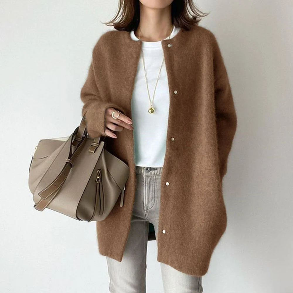 Wool Cardigan Sweater | Women's Relaxed Fit with Suede Trim 1