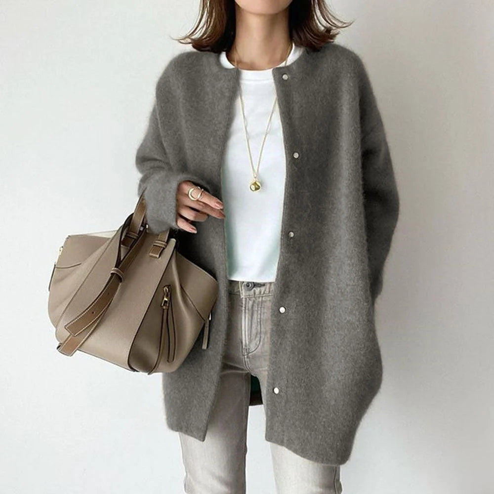 Wool Cardigan Sweater | Women's Relaxed Fit with Suede Trim 3