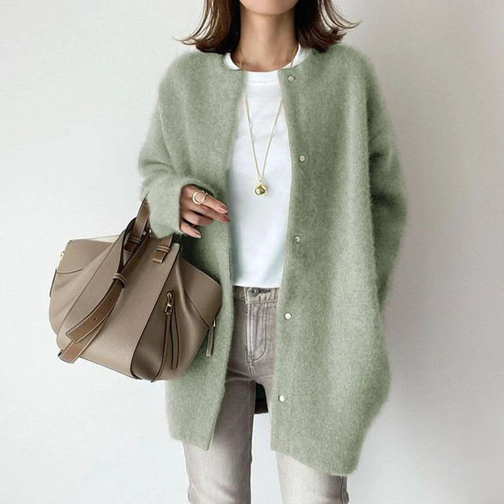 Wool Cardigan Sweater | Women's Relaxed Fit with Suede Trim 4