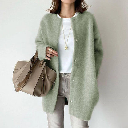 Wool Cardigan Sweater | Women's Relaxed Fit with Suede Trim 4