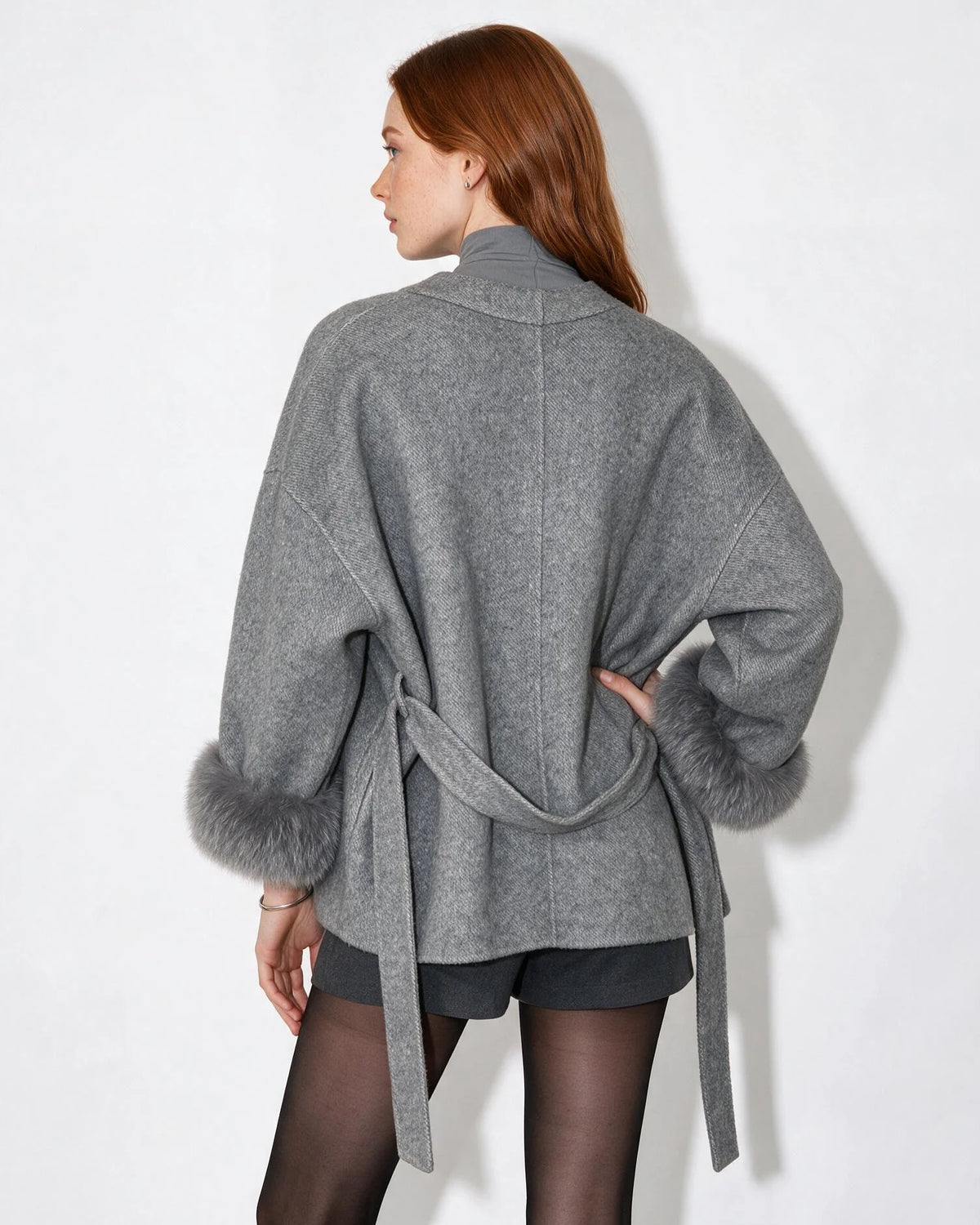 Wrap Coat with Faux Fur Cuffs | Wool Blend Outerwear 1
