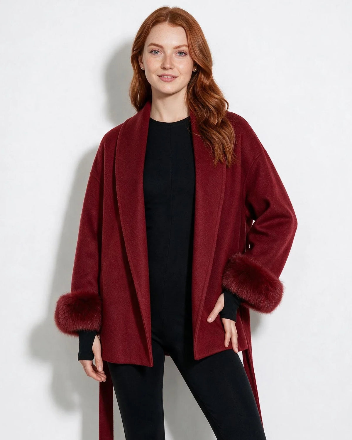 Wrap Coat with Faux Fur Cuffs | Wool Blend Outerwear 10