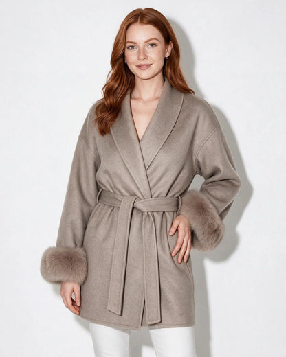 Wrap Coat with Faux Fur Cuffs | Wool Blend Outerwear 11
