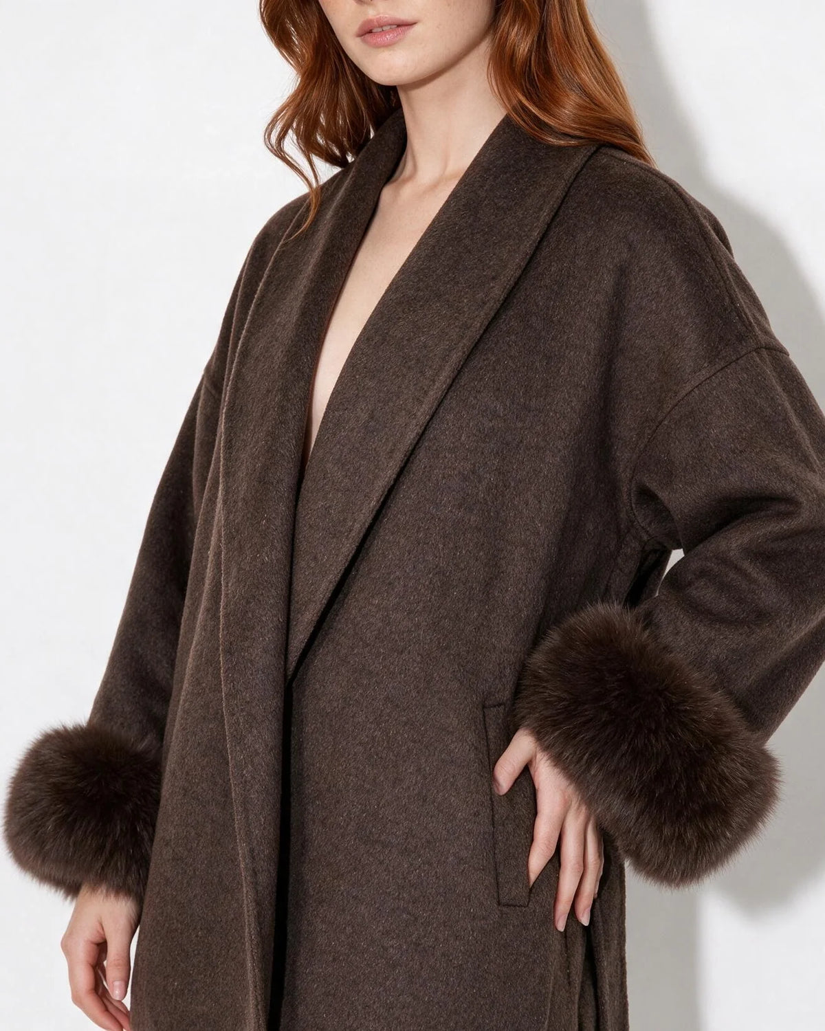 Wrap Coat with Faux Fur Cuffs | Wool Blend Outerwear 7