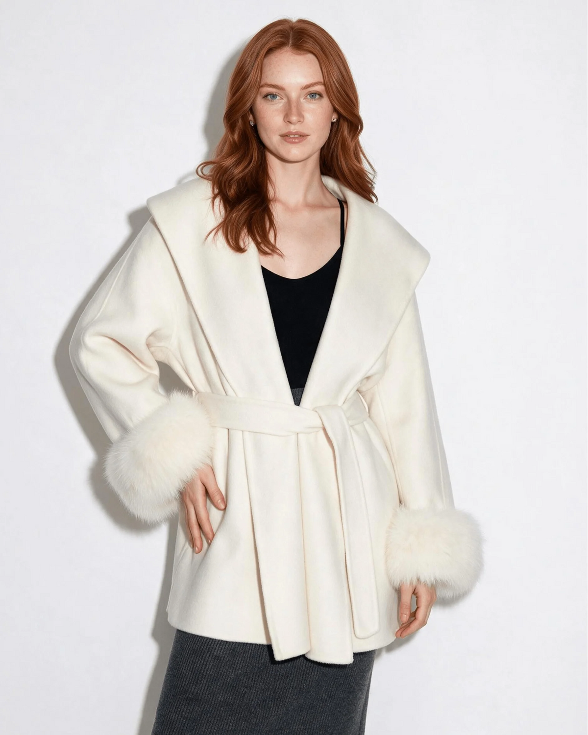 Wrap Coat with Faux Fur Cuffs | Wool Blend Outerwear 9
